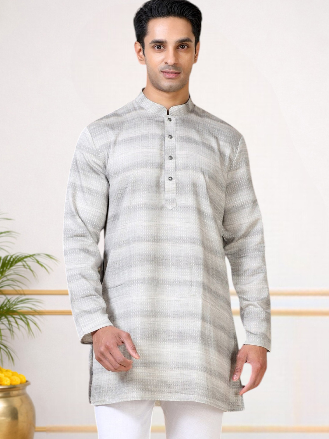 TATTVA Striped Mandarin Collar Straight Short Kurta