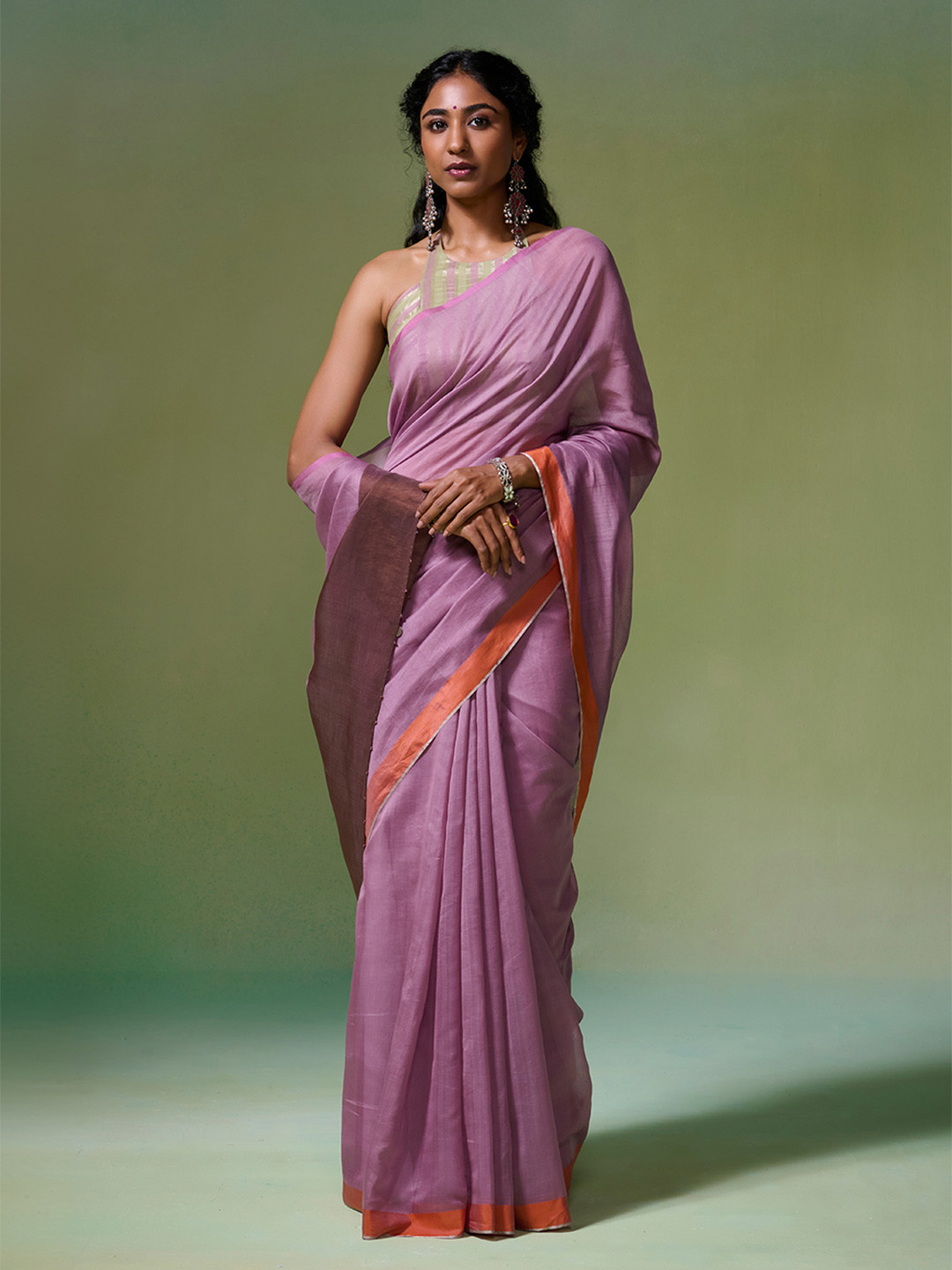 Dressfolk Purple Chanderi Tissue Saree with Unstitched Blouse Fabric