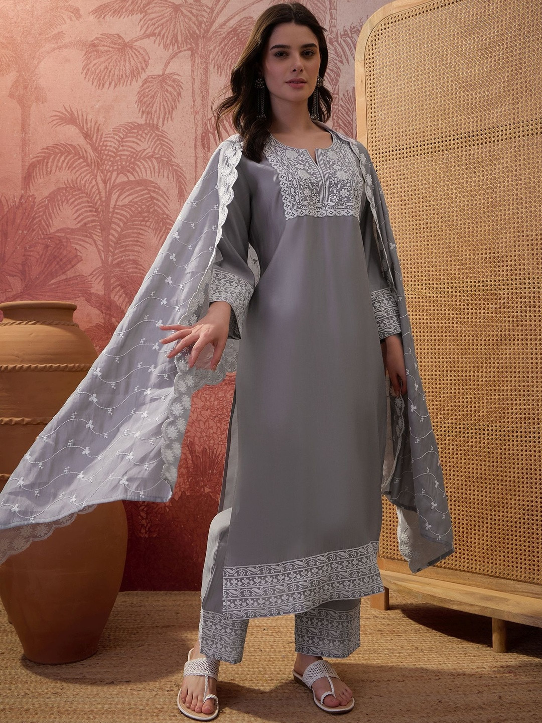 Sangria Embroidered Round-Neck Kurta Trousers & Dupatta