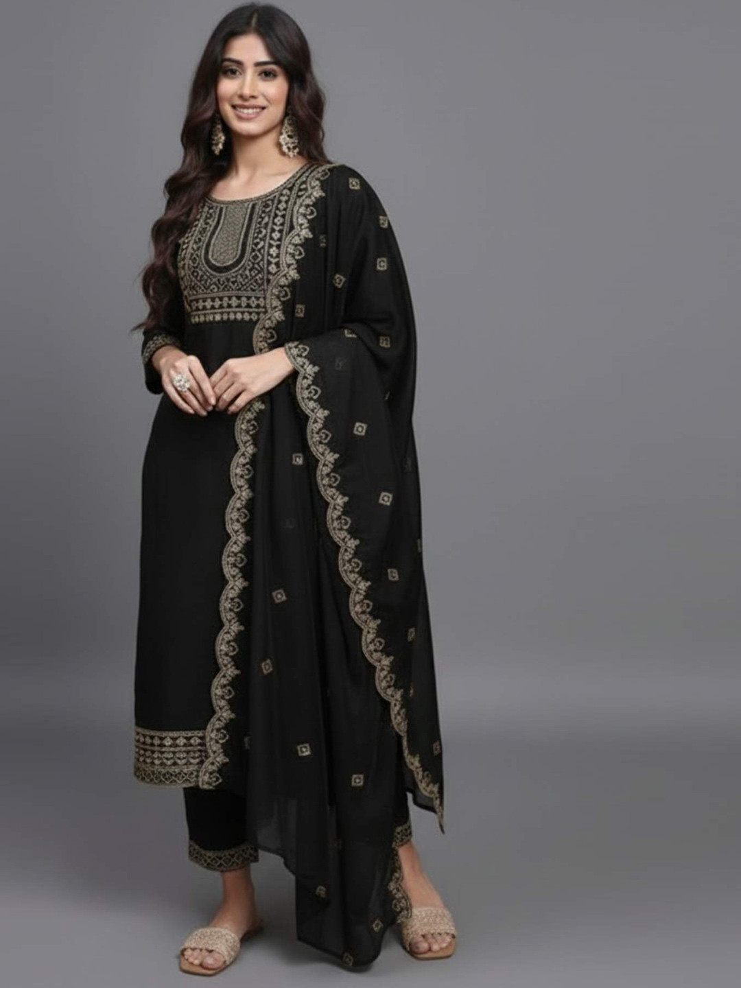 Glamelab Women Ethnic Motifs Embroidered Regular Thread Work Kurta with Trousers & With Dupatta