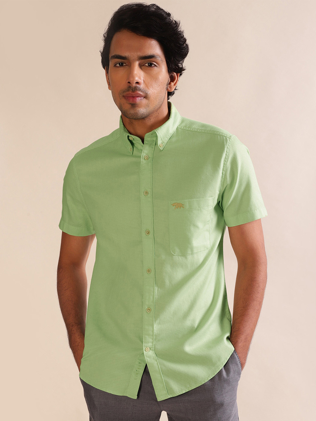 Andamen Men Dobby Short Sleeve Patch Pocket Regular Fit Shirt