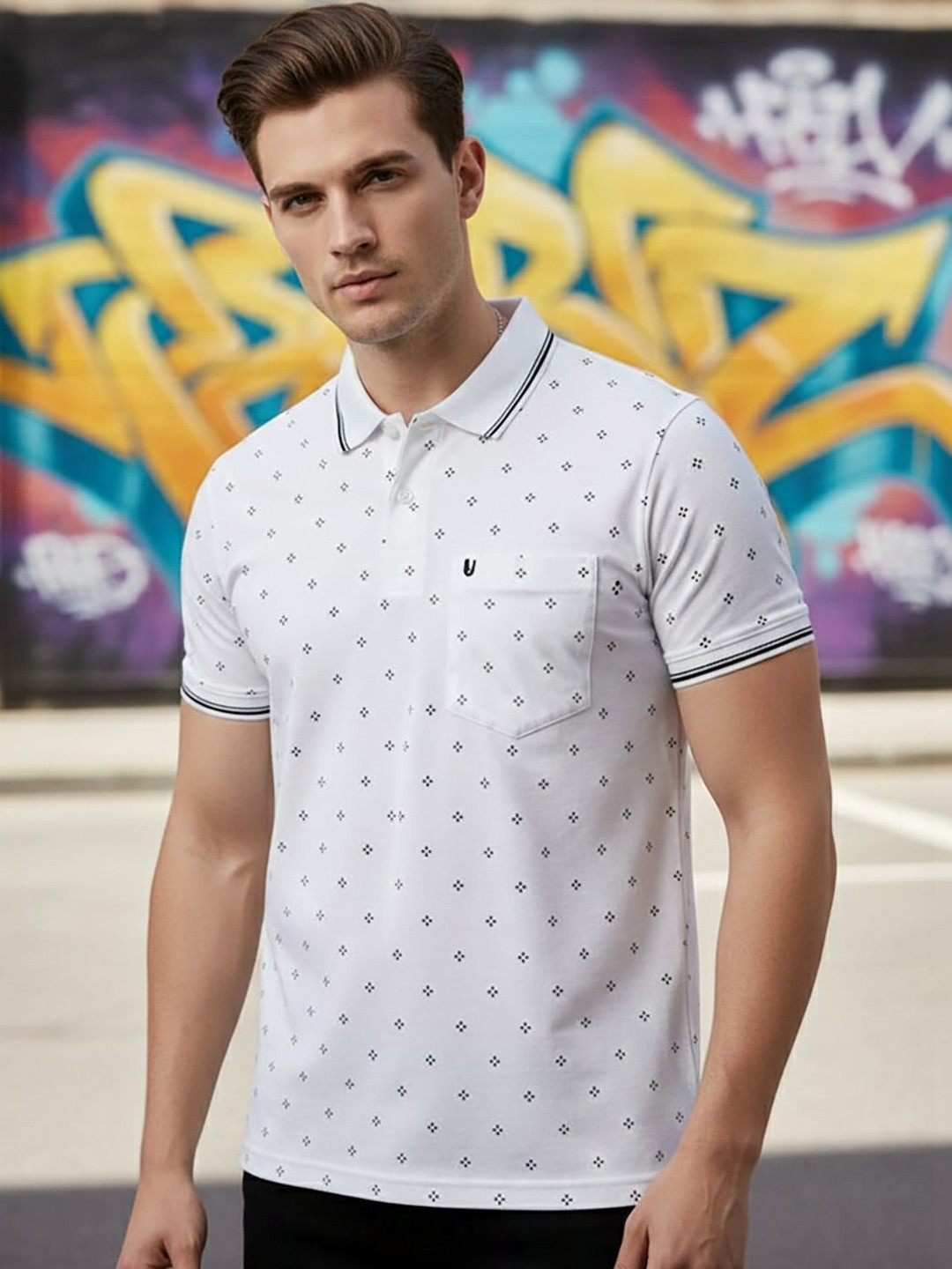 UNIBERRY JEANS Men Printed Polo Collar Pockets T-shirt