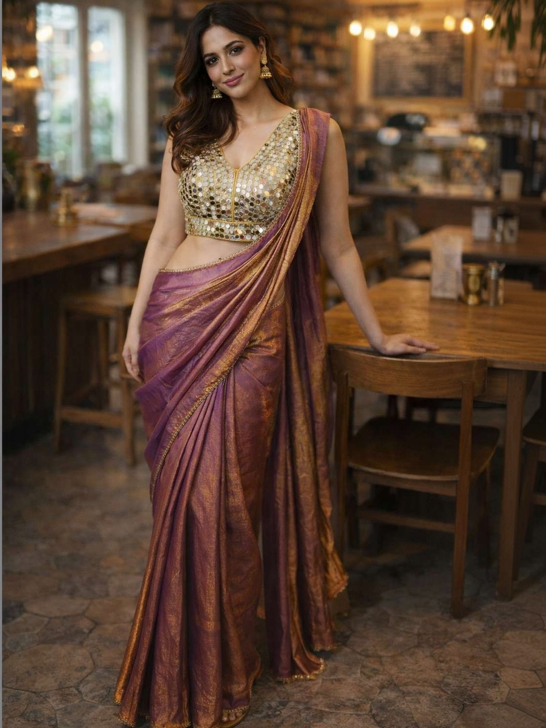 NANCY DESIGNER Embellished Mirror Work Satin Heavy Work Saree