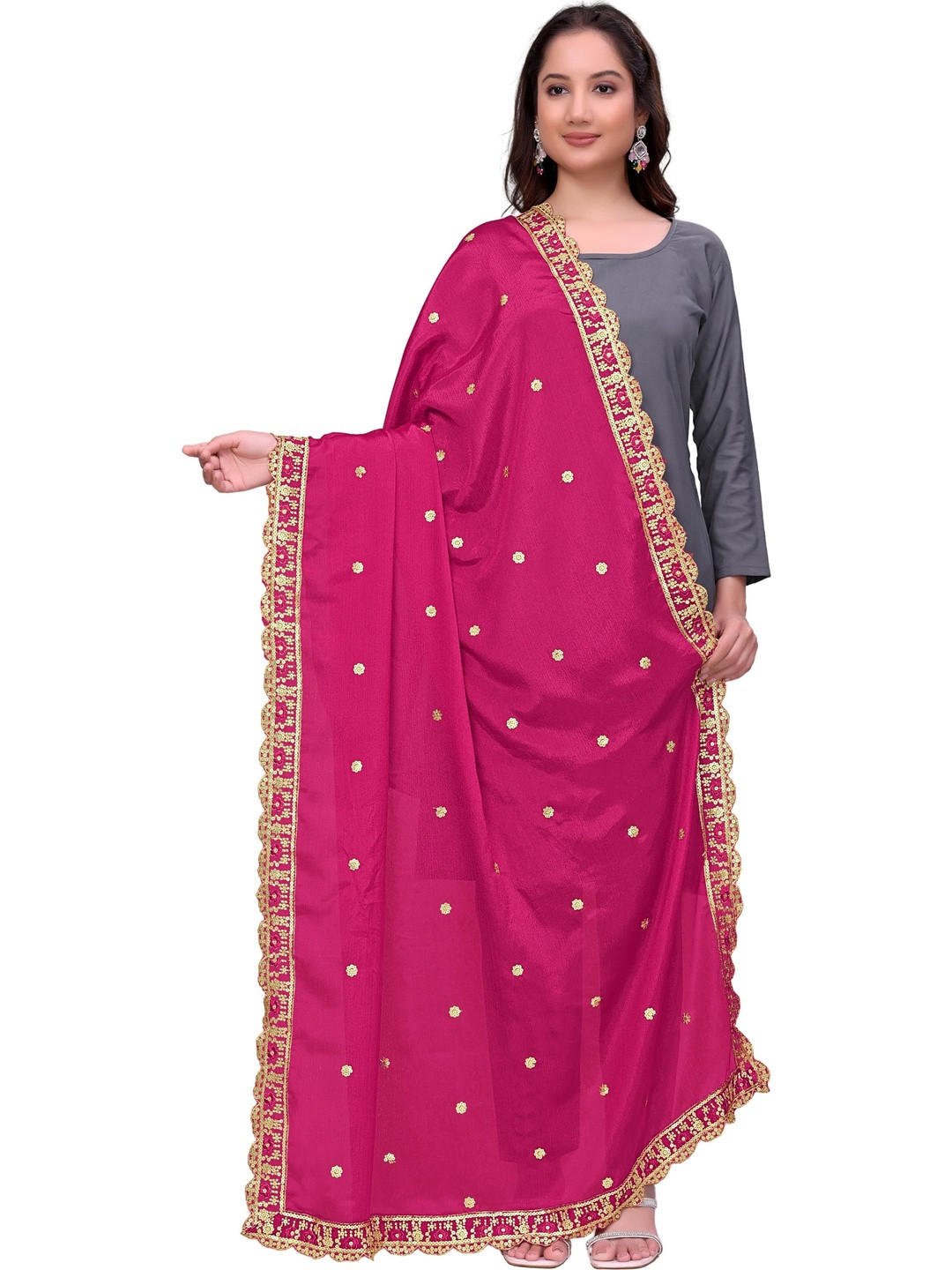 SEKMANY Ethnic Motifs Embroidered Art Silk Dupatta with Sequinned