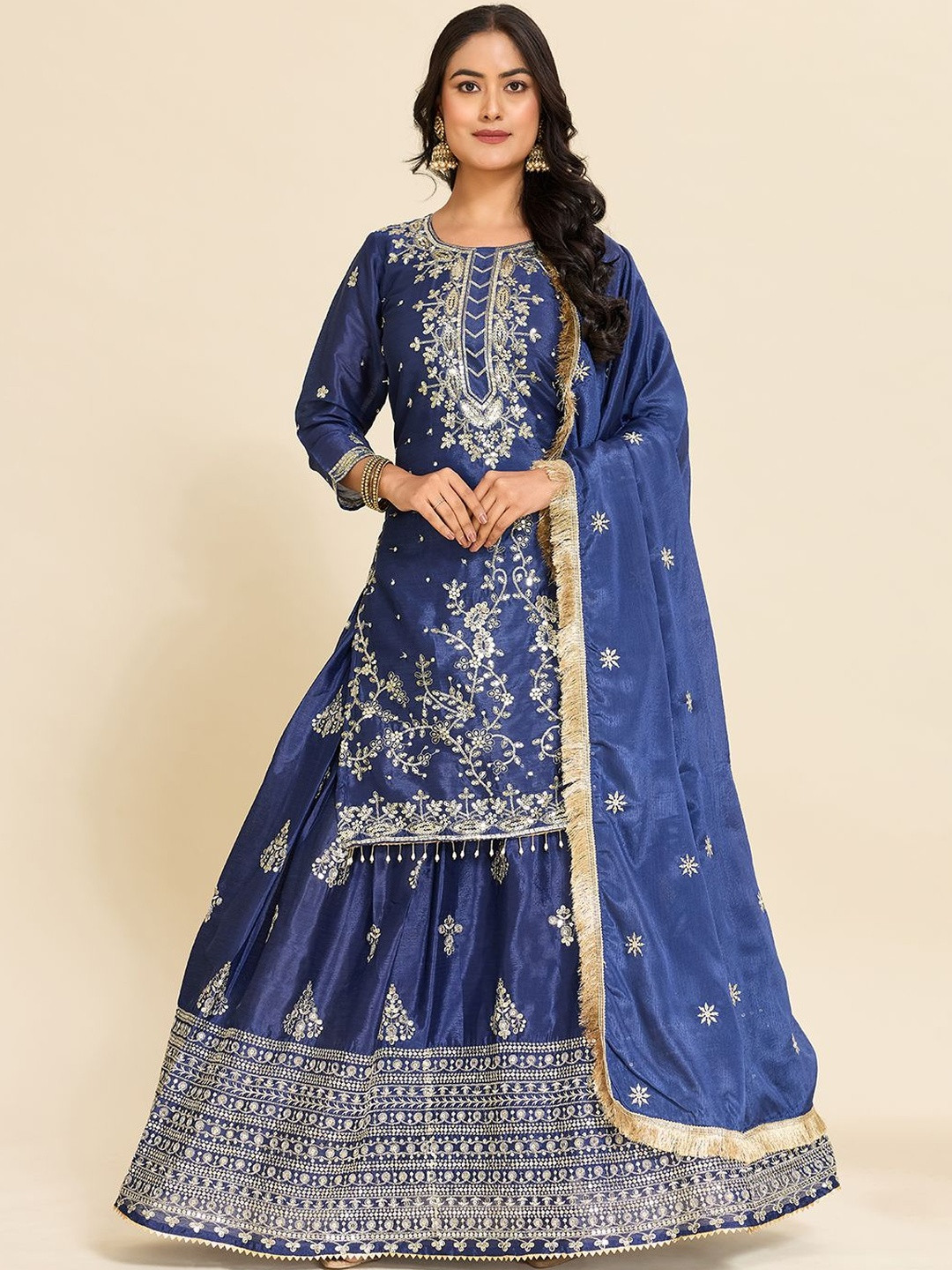 AKSHARAM Women Ethnic Motifs Embroidered Regular Sequinned Kurta with Sharara & With Dupatta