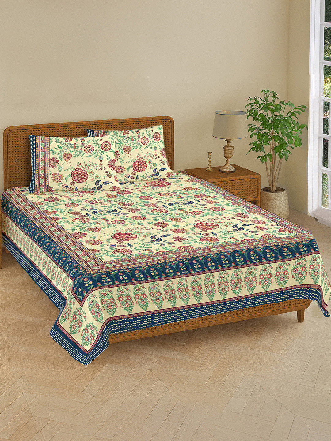 Navy Blue Floral Pure Cotton 240tc Double King Bedsheet Set