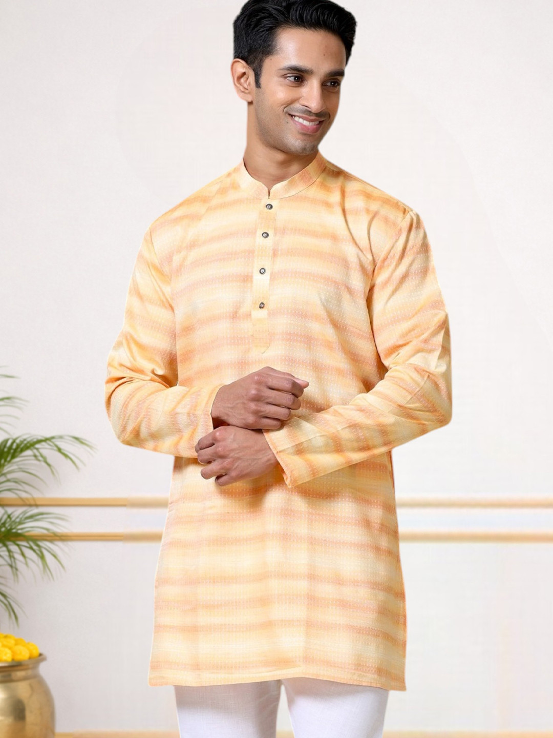 TATTVA Striped Mandarin Collar Straight Short Kurta