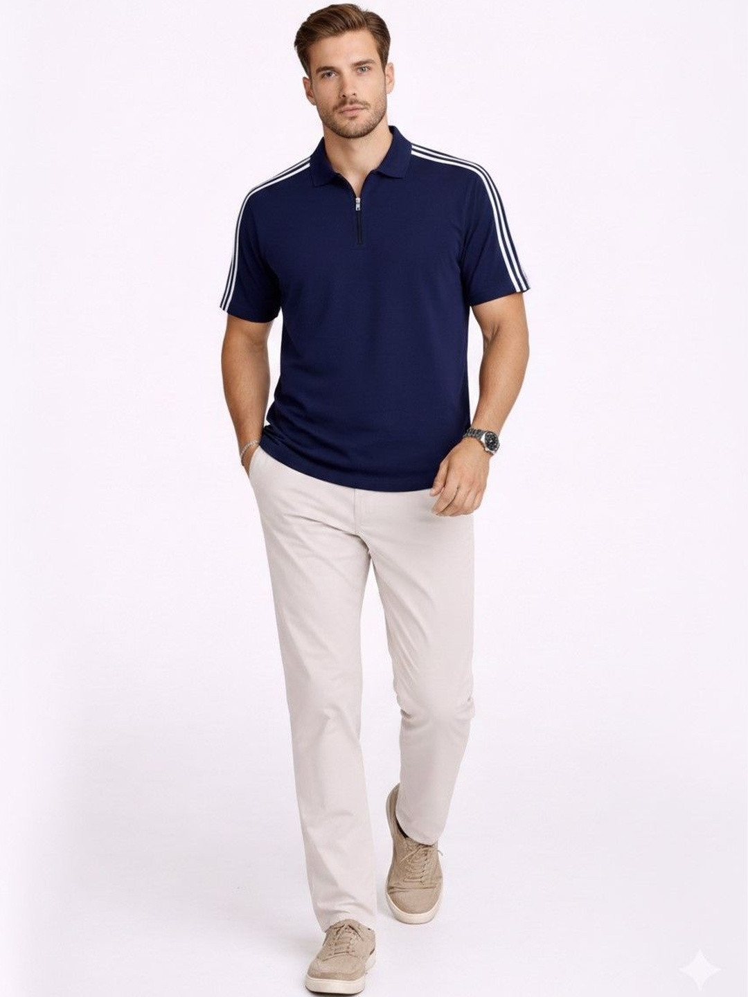 Navy Blue Men Striped Polo Collar Regular Fit T-shirt