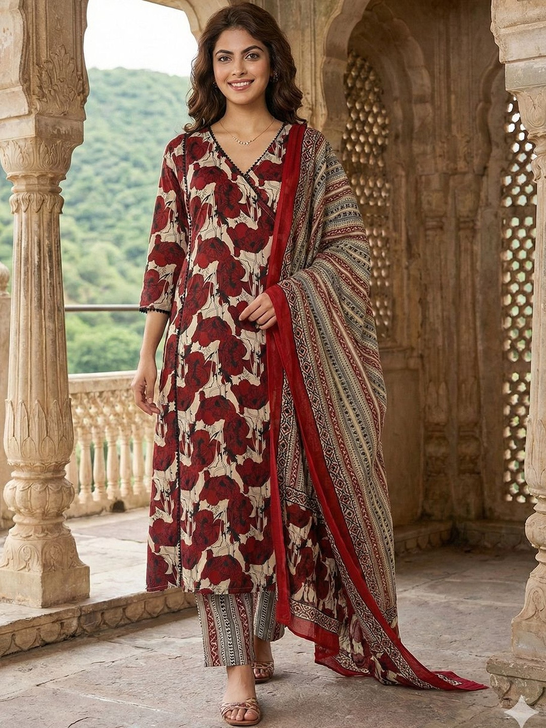 Anouk Women Floral Printed Angrakha Pure Cotton Kurta with Trousers & With Dupatta