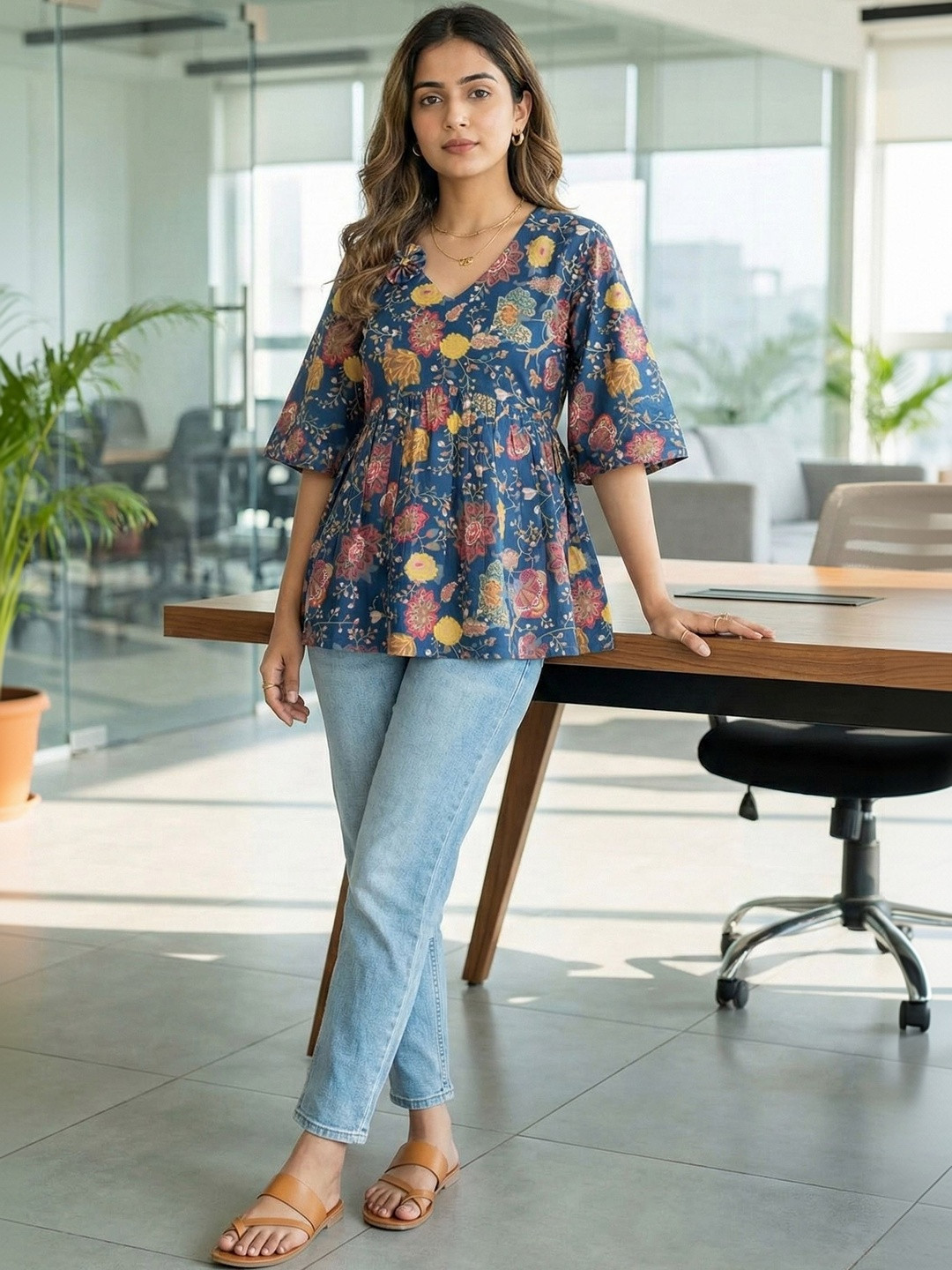 Roly Poly Floral Print Cotton Peplum Top