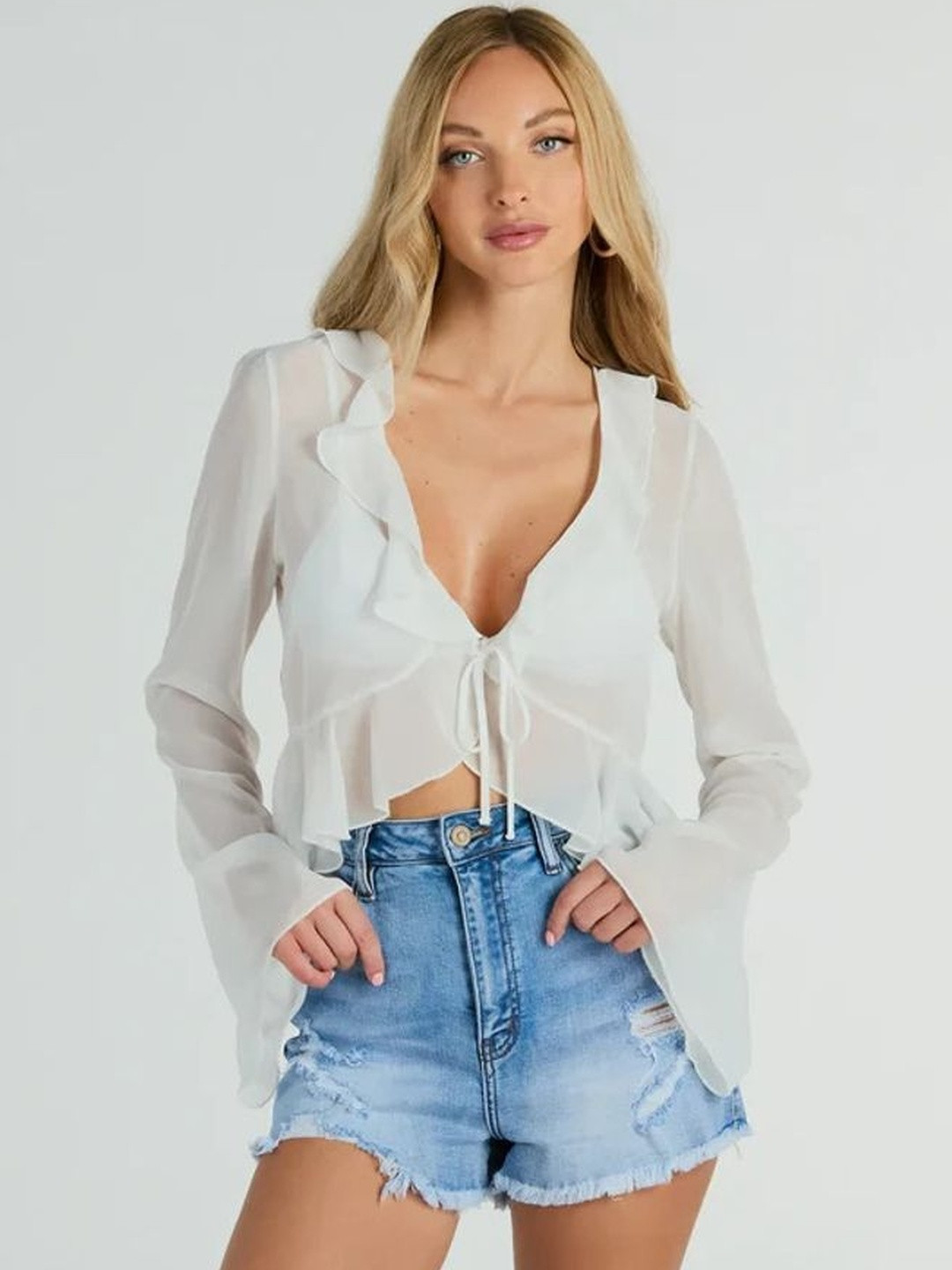 LEXREX Bell Sleeve Ruffles Georgette Crop Top