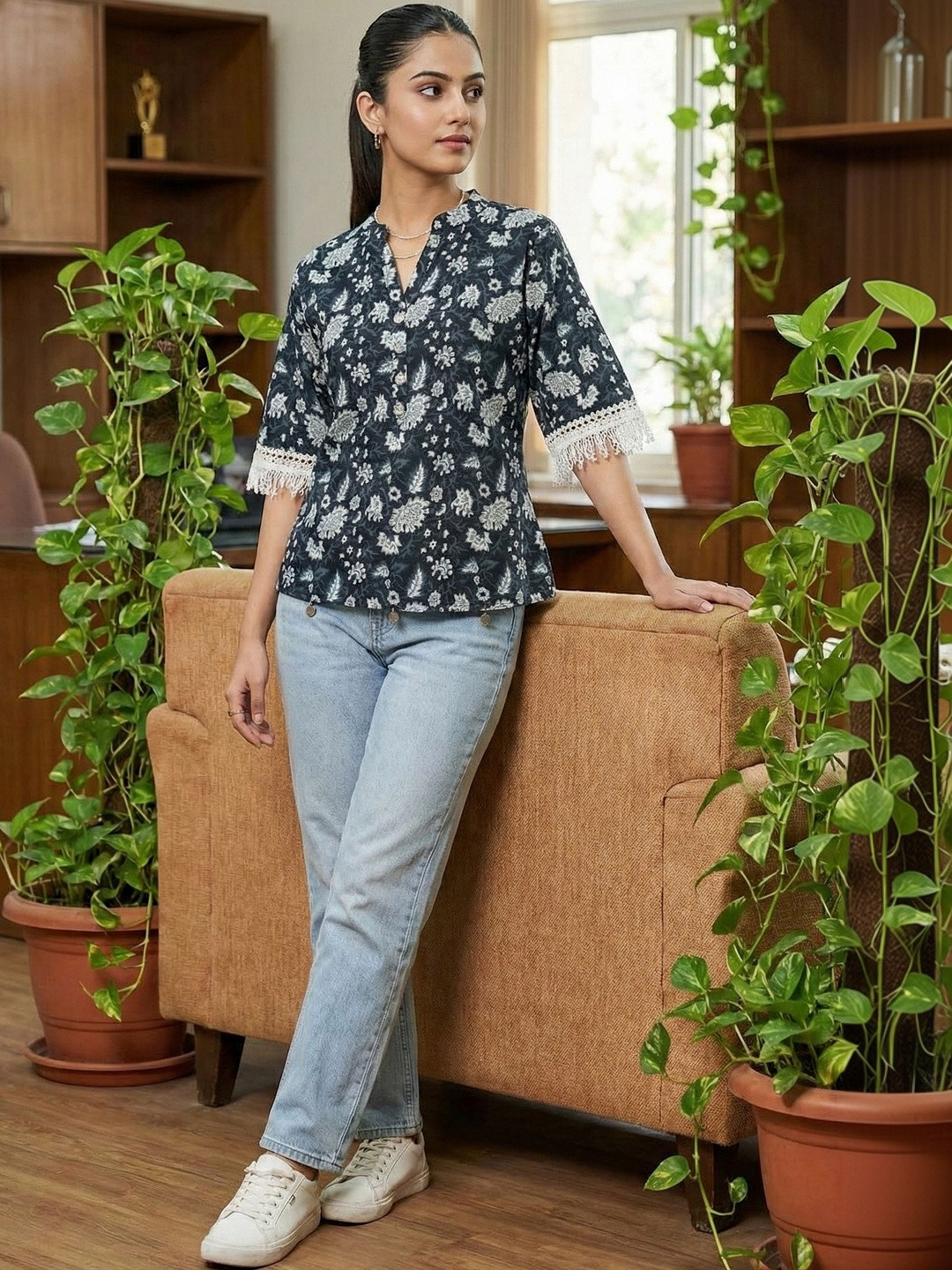 Rajnandini Floral Print Mandarin Collar Fringed Cotton Top