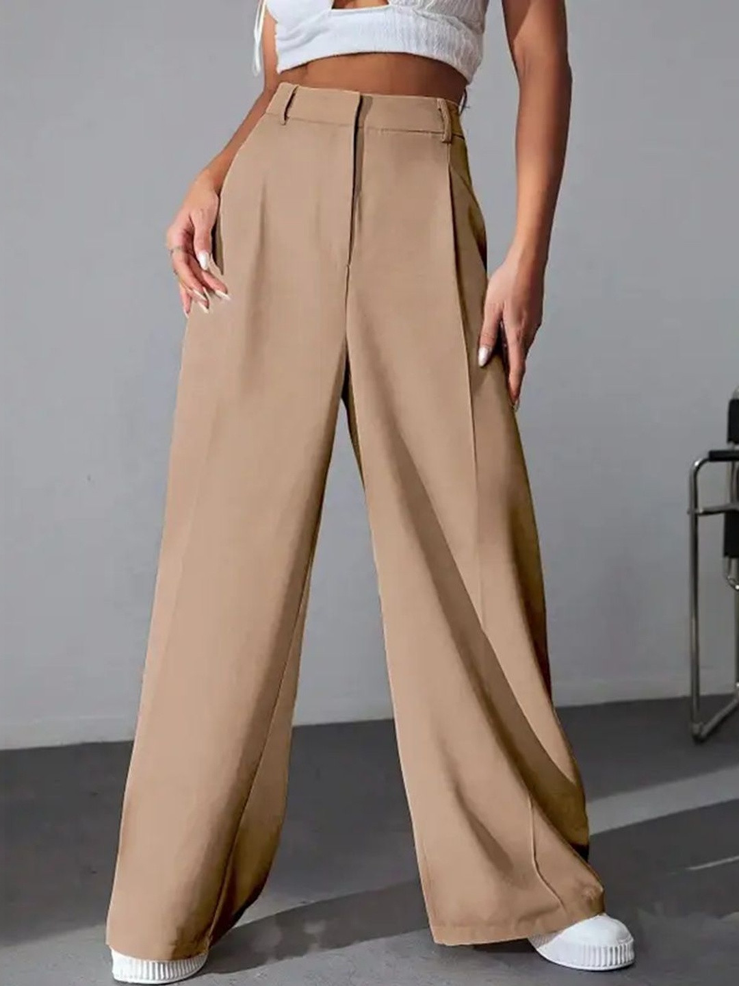 SENDIPO Women Smart Loose Fit High-Rise Easy Wash Pleated Trousers