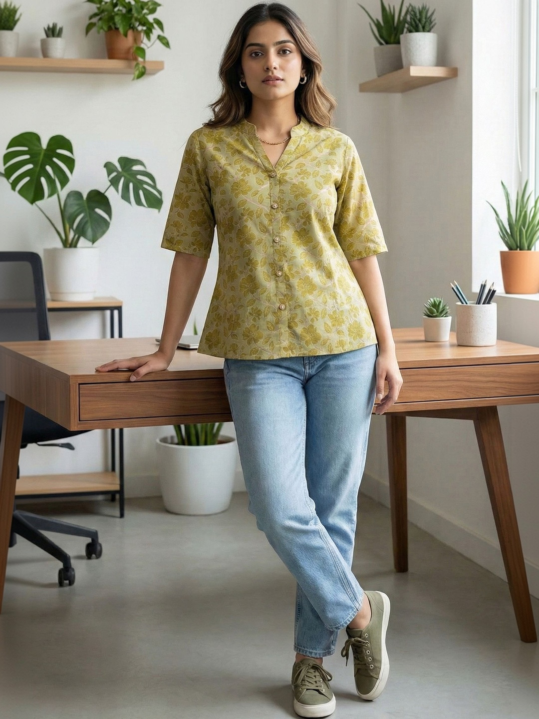 Roly Poly Floral Print Mandarin Collar Cotton Top