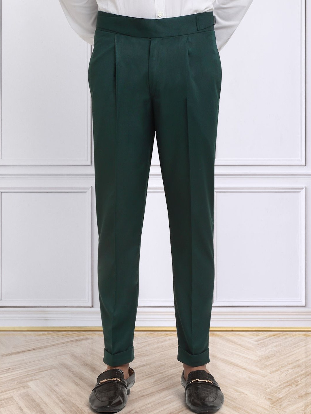 Men's Bottle Green Cotton Rich Solid Slim Fit Formal Gurkha Pants