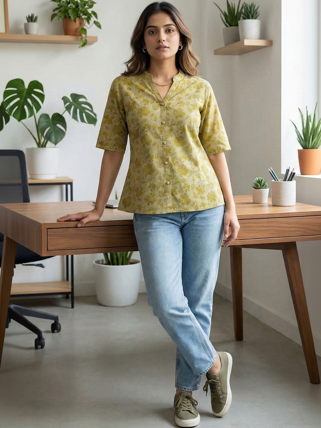 Merira Floral Print Mandarin Collar Cotton Top