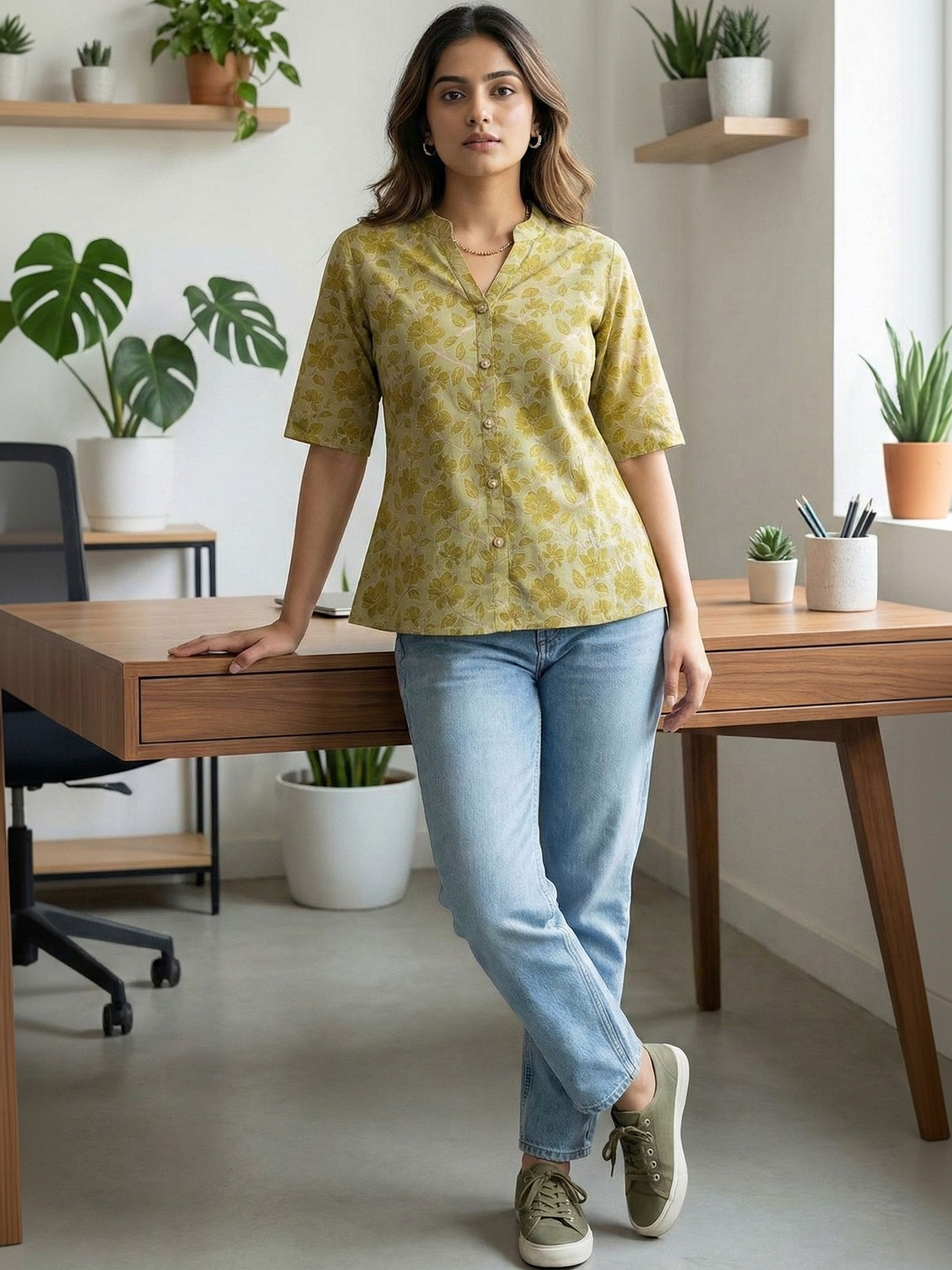 Rajnandini Floral Print Mandarin Collar Cotton Top