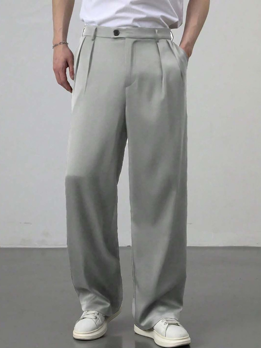 NOWI Men Relaxed Fit Pleated Wide-Leg Trousers