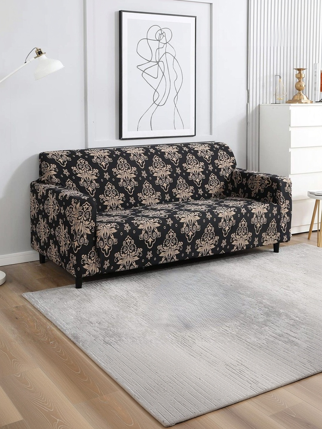Furshine Black & Black Printed Polyester 1 Piece Sofa Cover With Arms