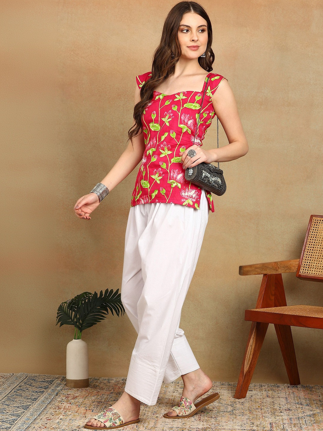 ADYASAA THE LABEL Floral Printed Square Neck Pure Cotton Kurti