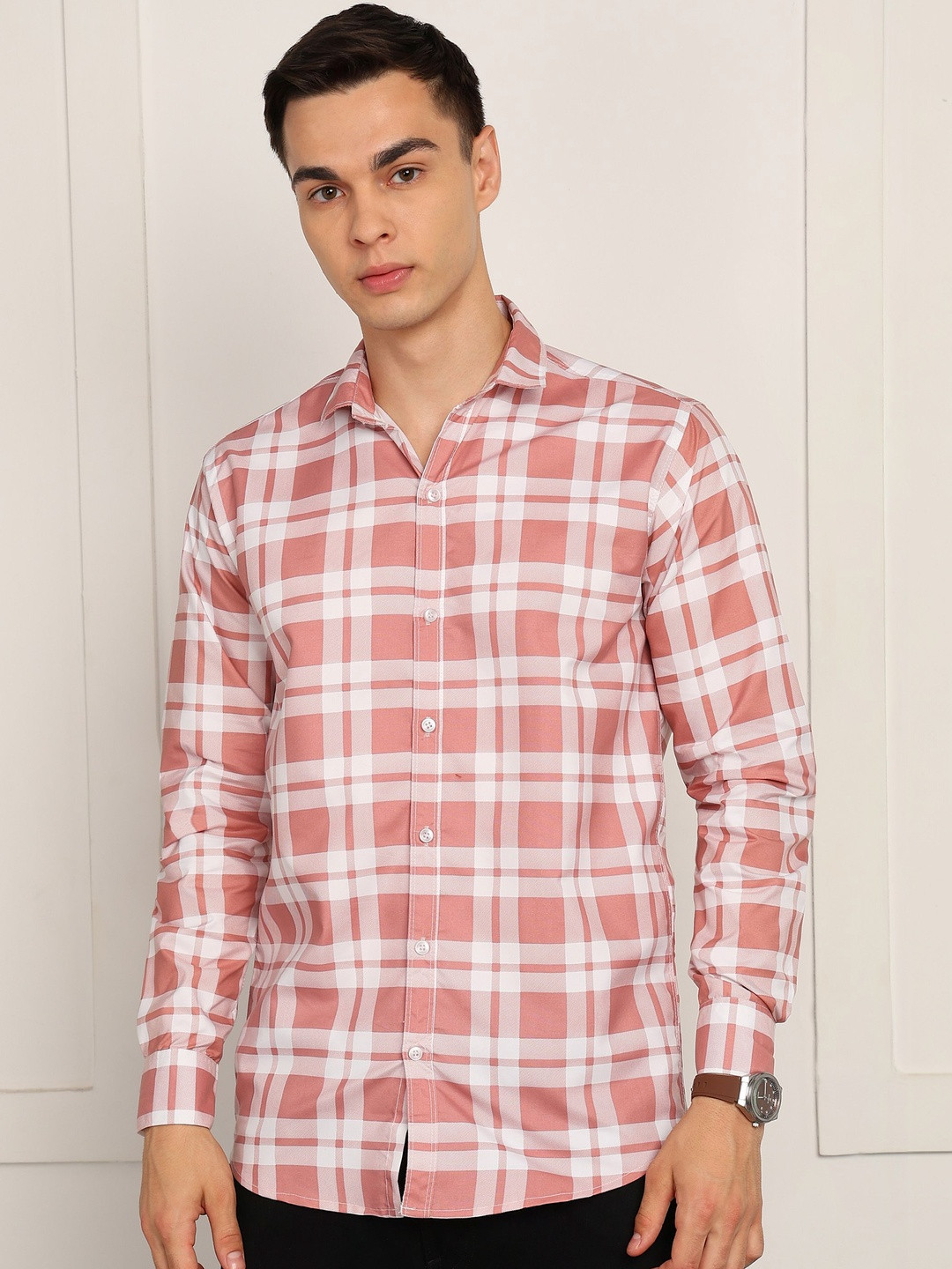 Peach Tartan Checks Regular Fit Casual Shirt