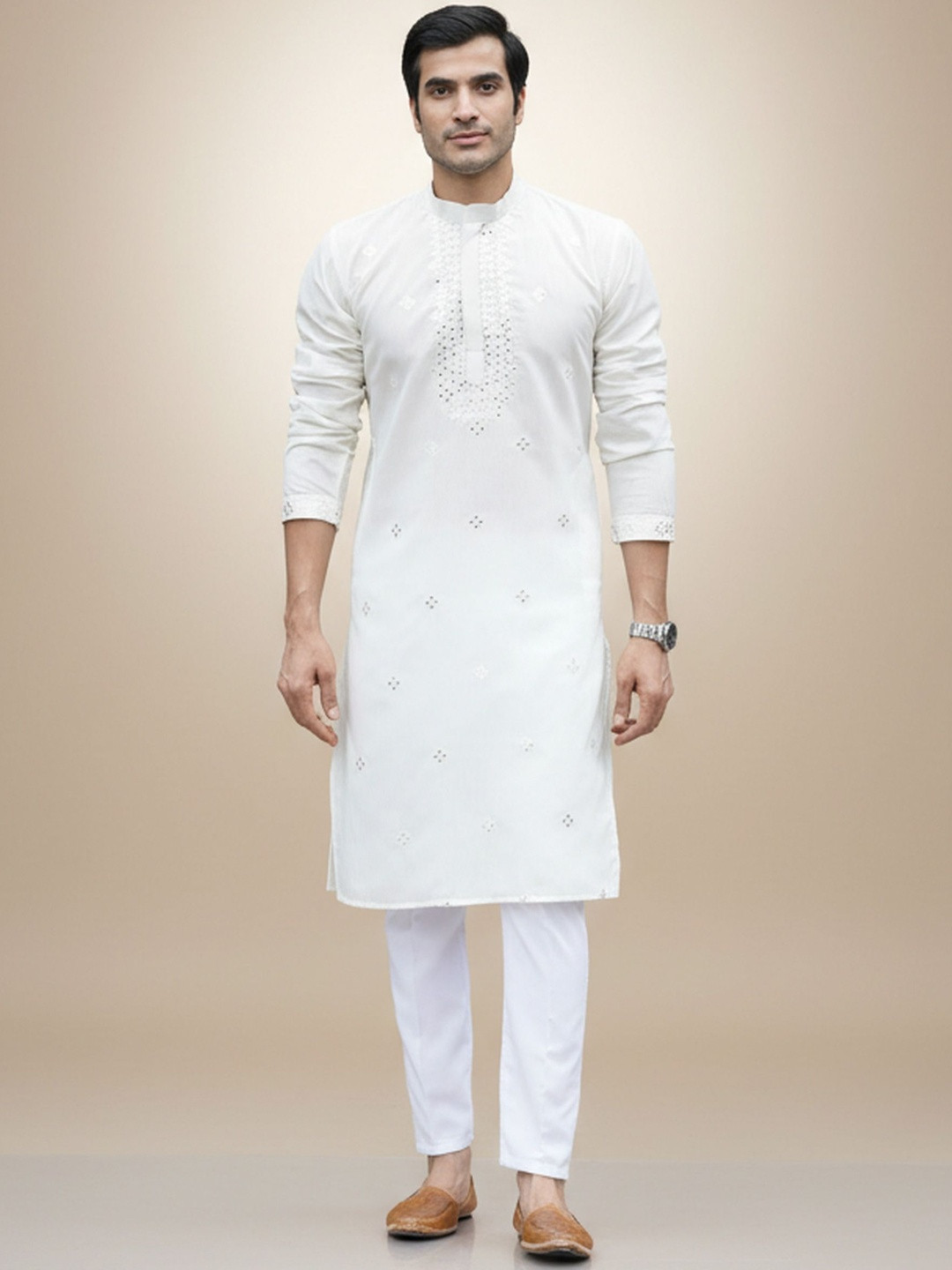 INDIROOP Men Embroidered Regular Mirror Work Kurta with Pyjamas