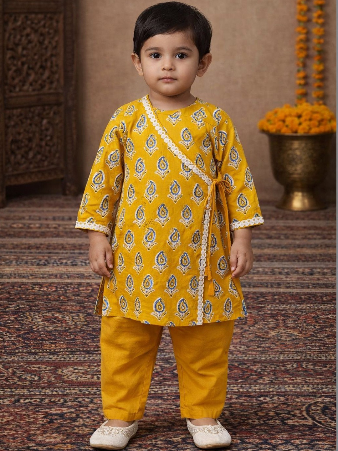 Pspeaches Baby Boys Mustard Booti Cotton Angrakha Kurta Pyjama Set