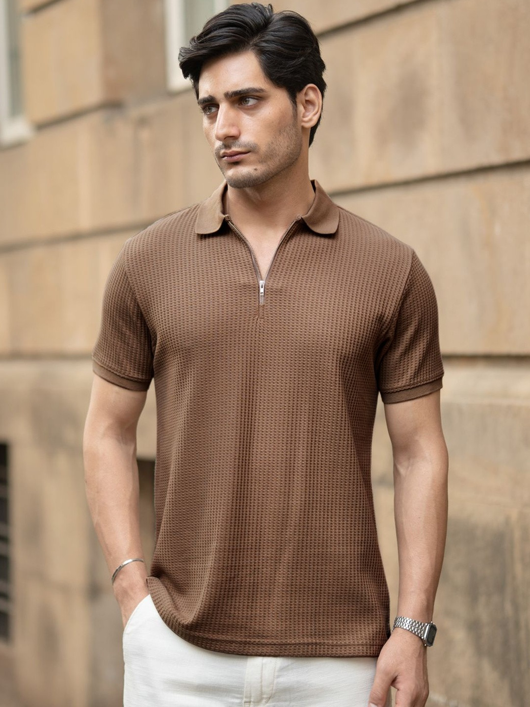 Powerlook Structured Zipper Self Design Cotton Polo Collar Short Sleeves T-shirt