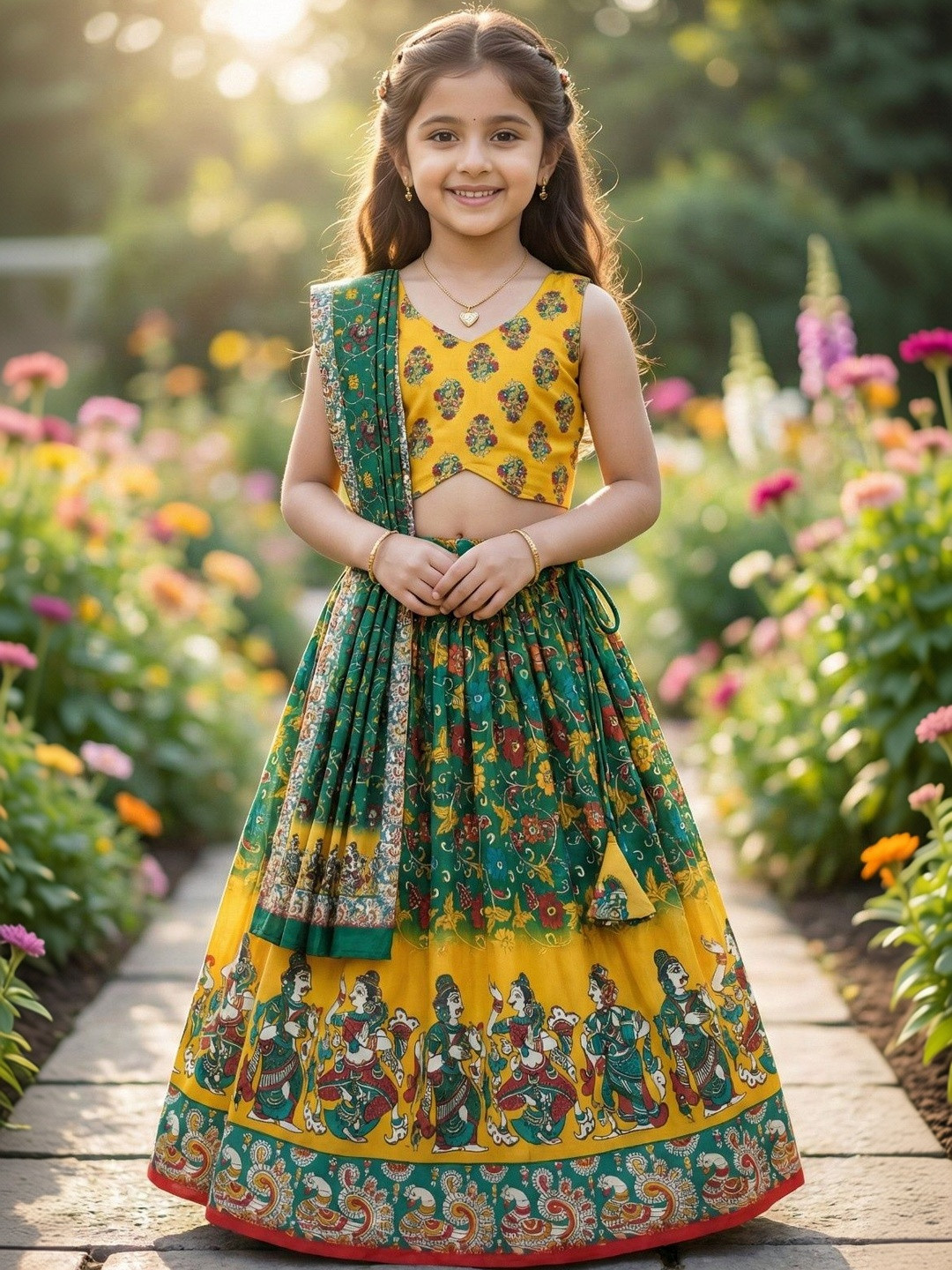 BAESD Girls Printed Kalamkari Ready to Wear Lehenga & Blouse With Dupatta