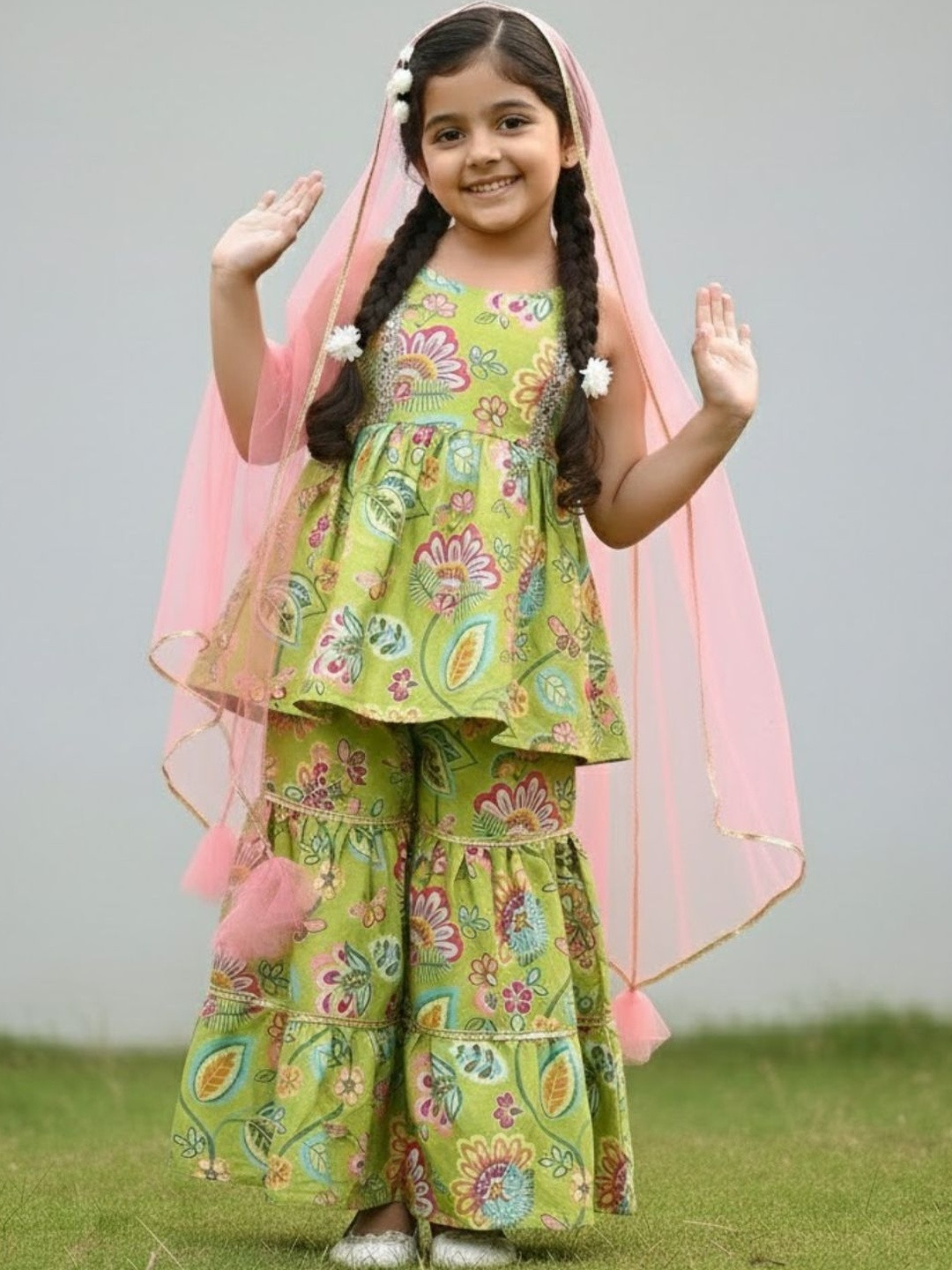 Heerkart Girls Floral Printed Tiered Raw Silk Kurti with Sharara & With Dupatta