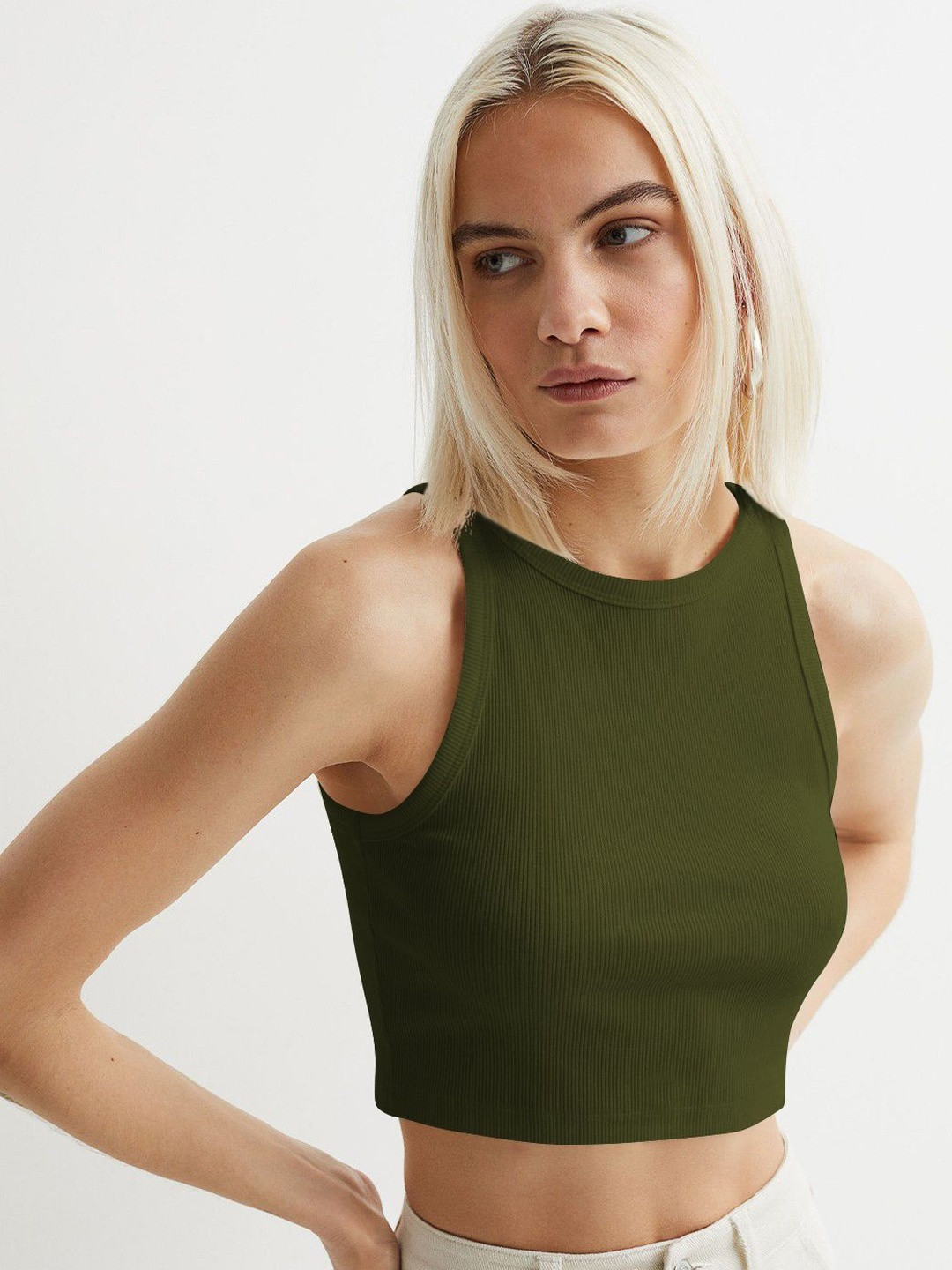Olive Green Ribbed High Neck Sleeveless Crop Top
