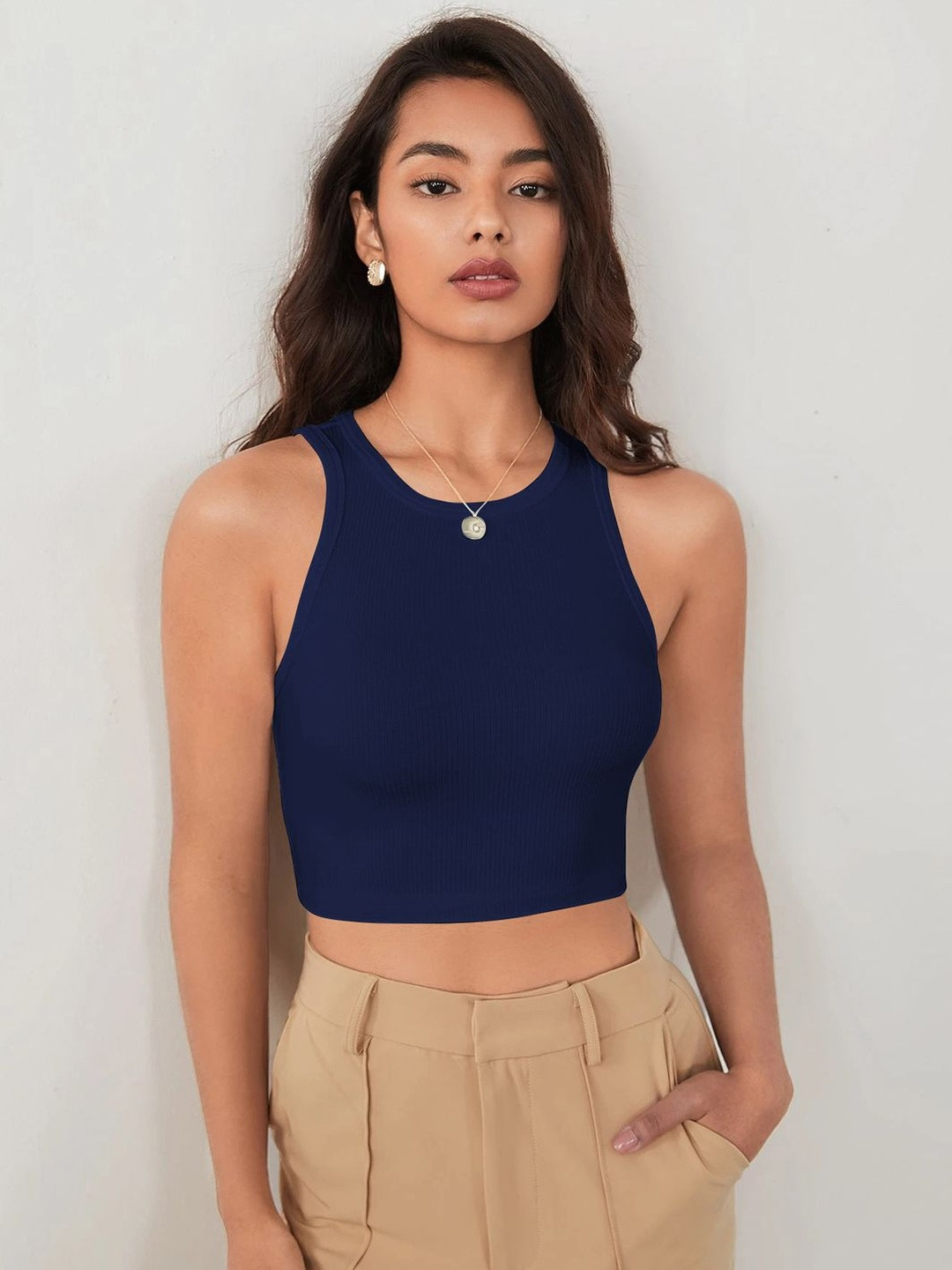CREZYVEZY Ribbed Round Neck Sleeveless Crop Top