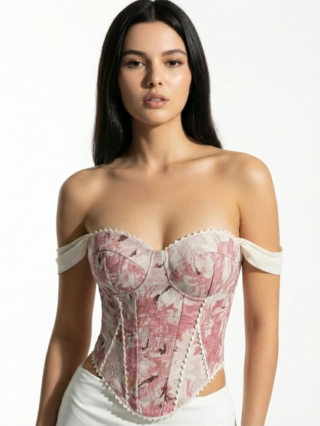 Outzidr Pink Off Shoulder Printed Corset