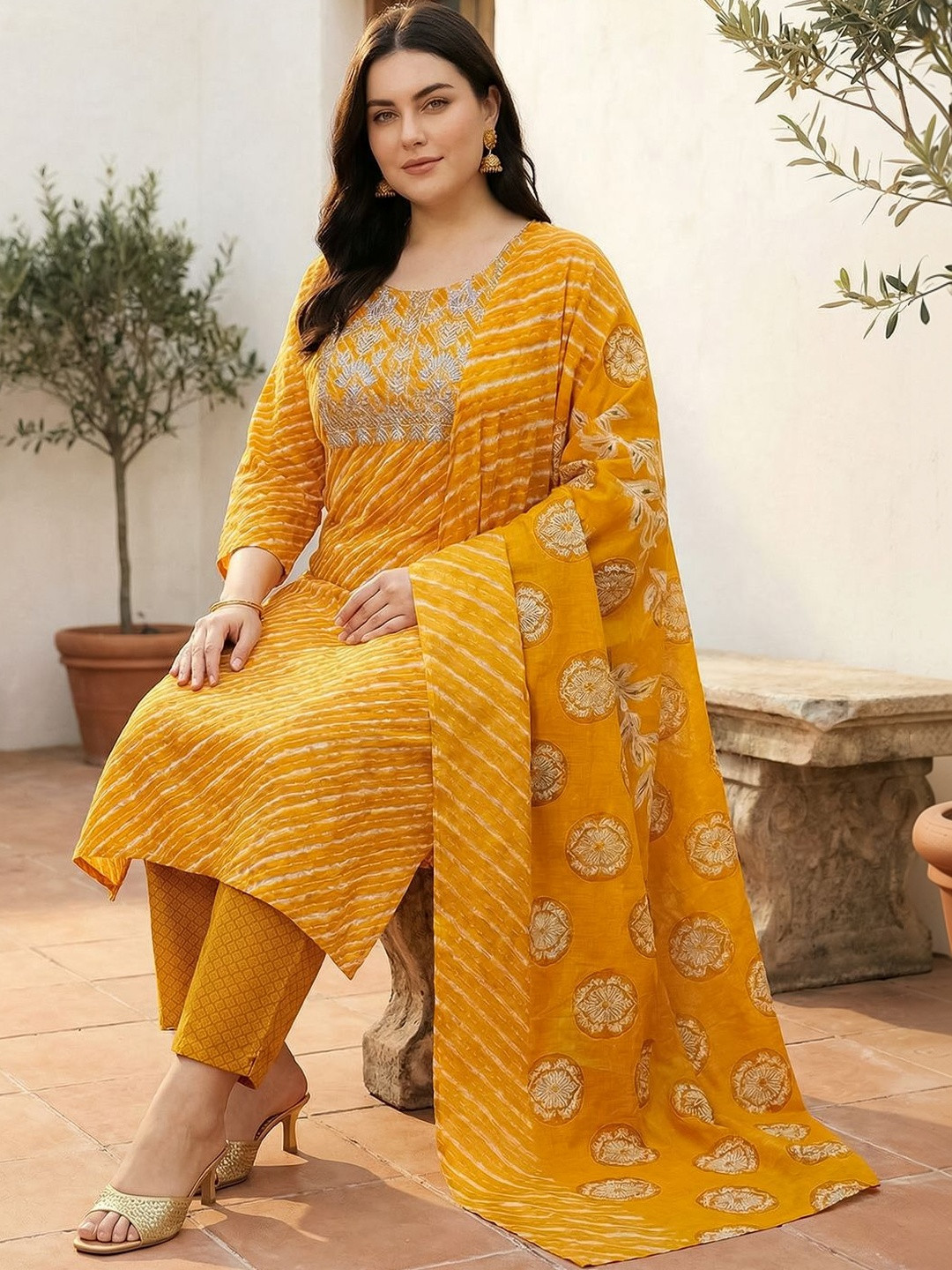 Indo Era Plus Size Thread Work Pure Cotton Kurta with Trousers & With Dupatta