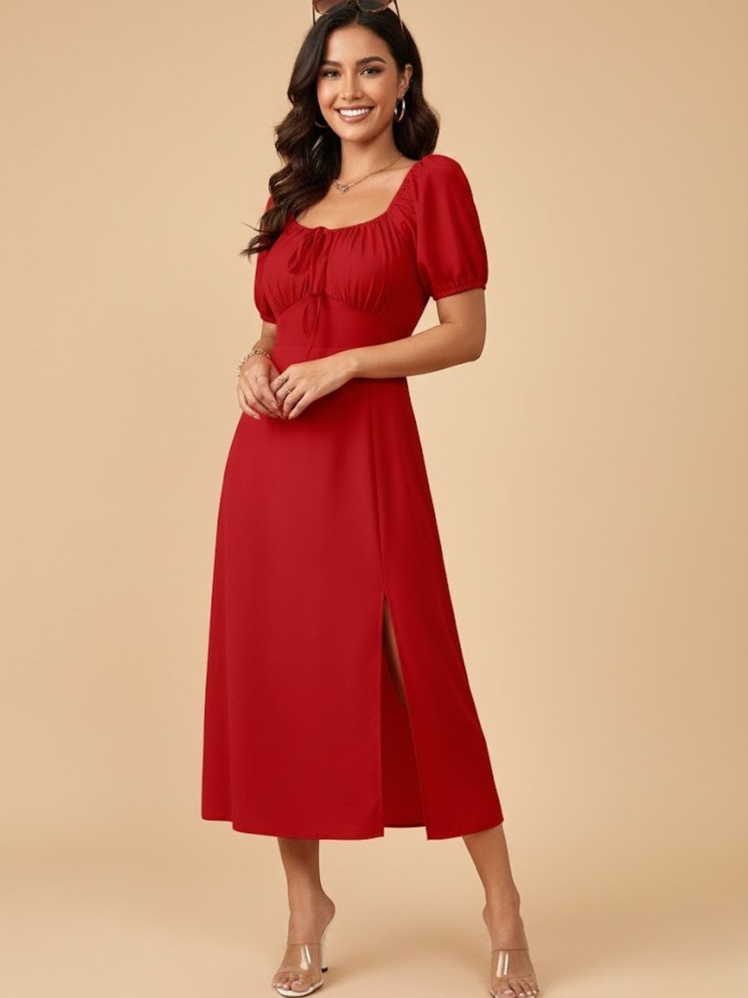 MULVARI Puff Sleeve A-Line Midi Dress