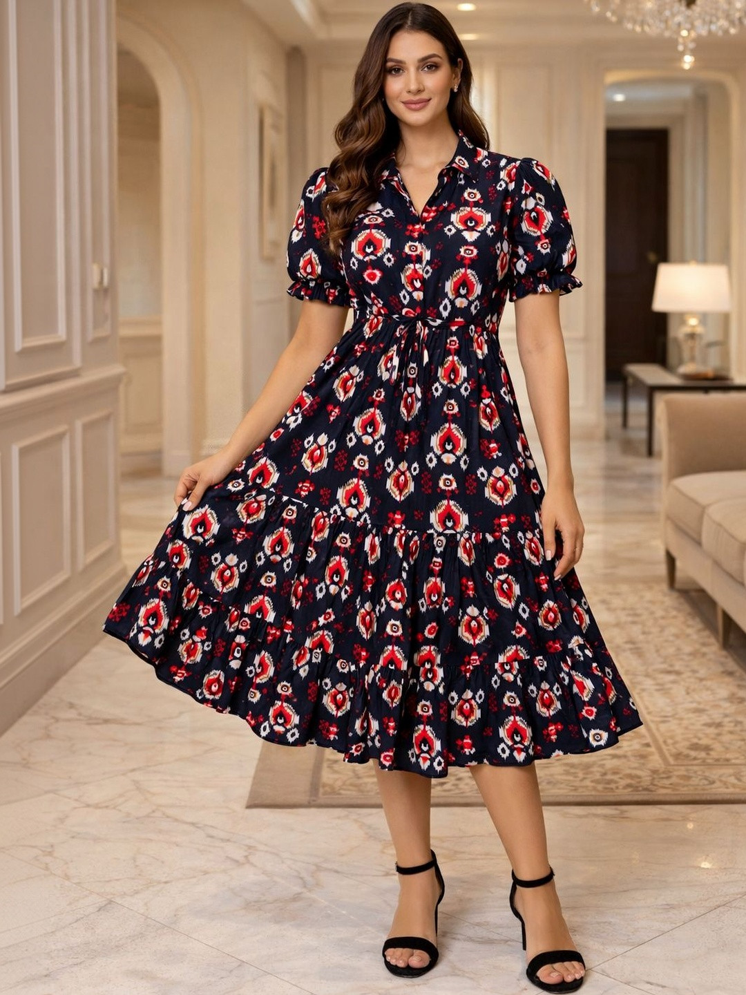 HERE&NOW Print Puff Sleeve Fit & Flare Midi Dress