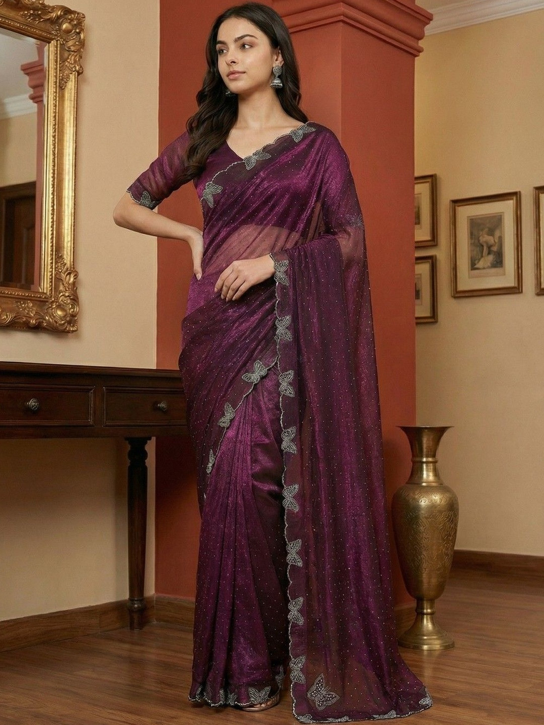KINDA DESI Embellished Sequinned Net Heavy Work Saree