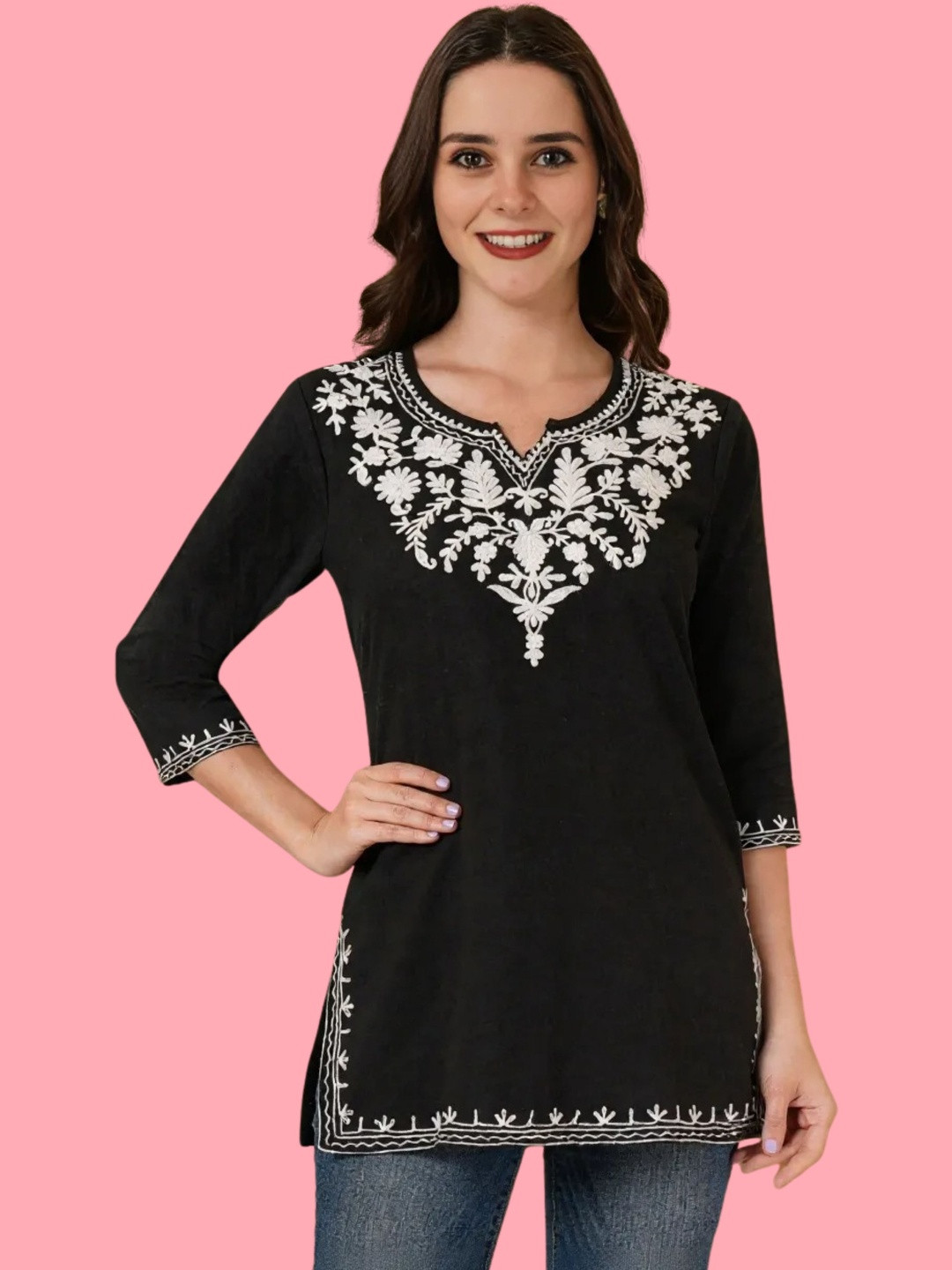 Embroidered Ethnic Cotton Blend V-neck Top