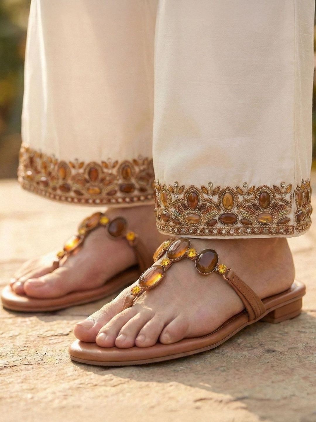 Pair ie Tales Women Embellished Ethnic T-Strap Flats