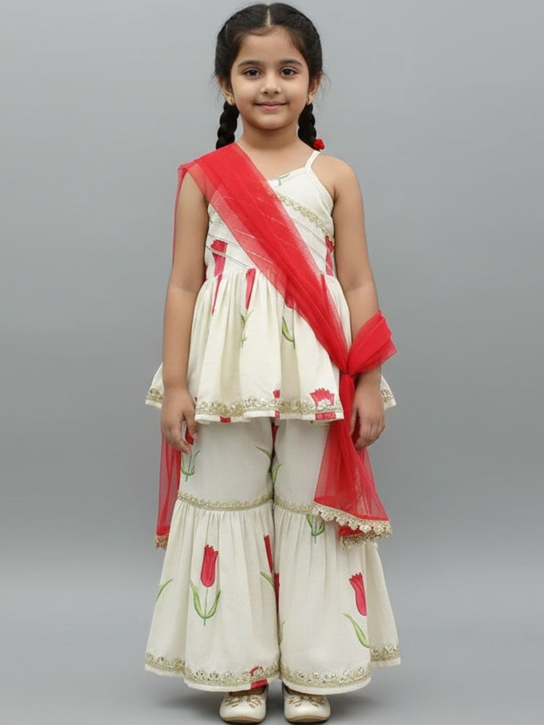 Heerkart Girls Floral Printed Tiered Raw Silk Kurti with Sharara & With Dupatta