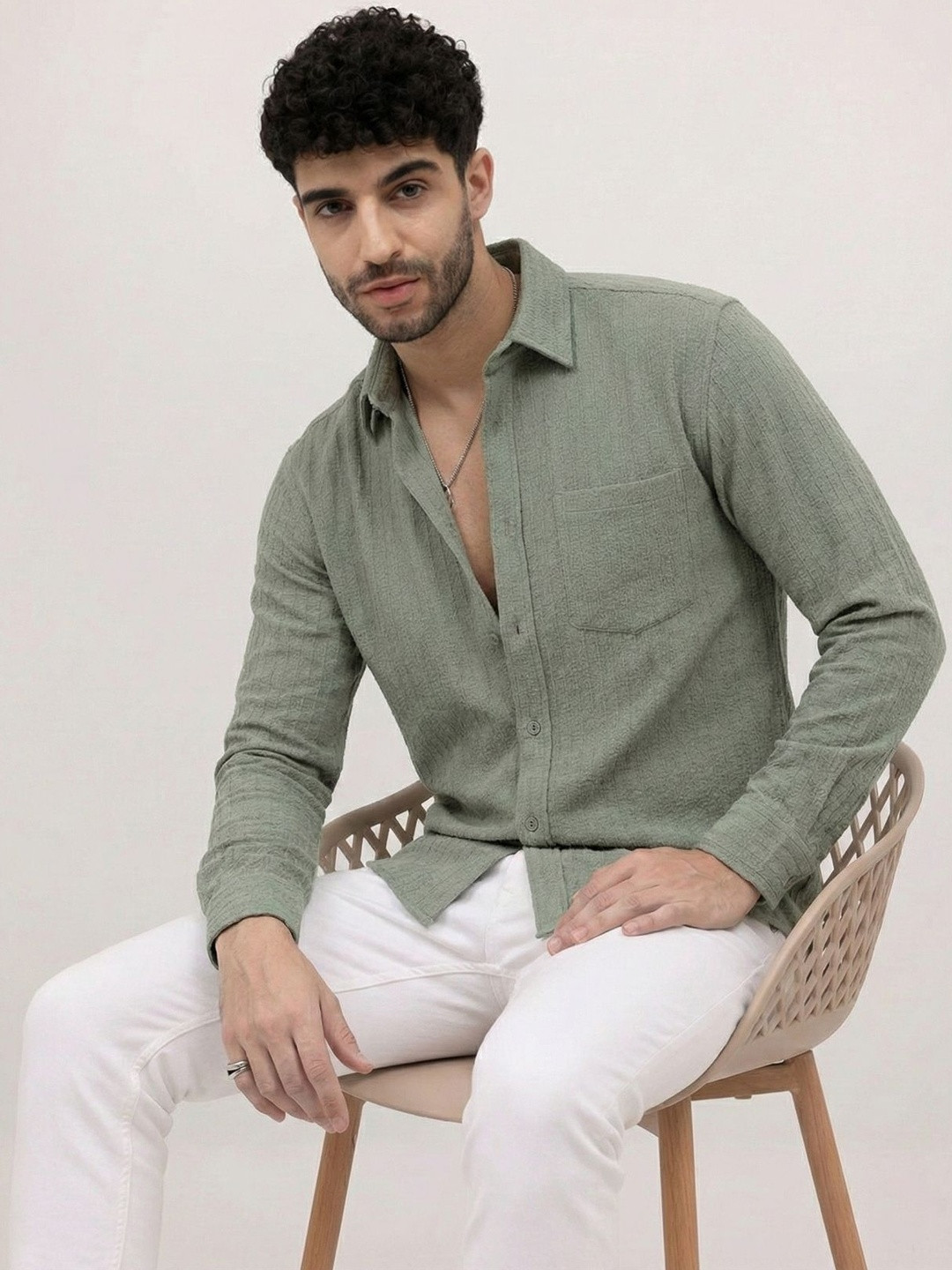 Men Olive Textured Regular Fit Casual Shirt