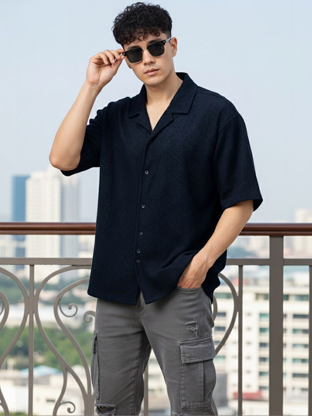 VEIRDO Jacquard Oversized Self Design Cotton Short Sleeves Fit Shirt