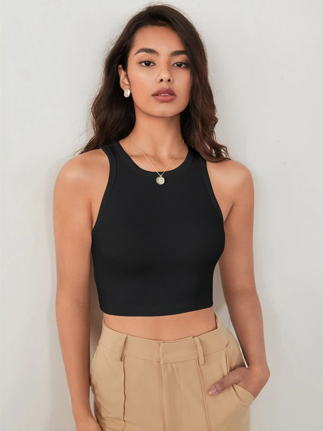 CREZYVEZY Ribbed Round Neck Sleeveless Crop Top