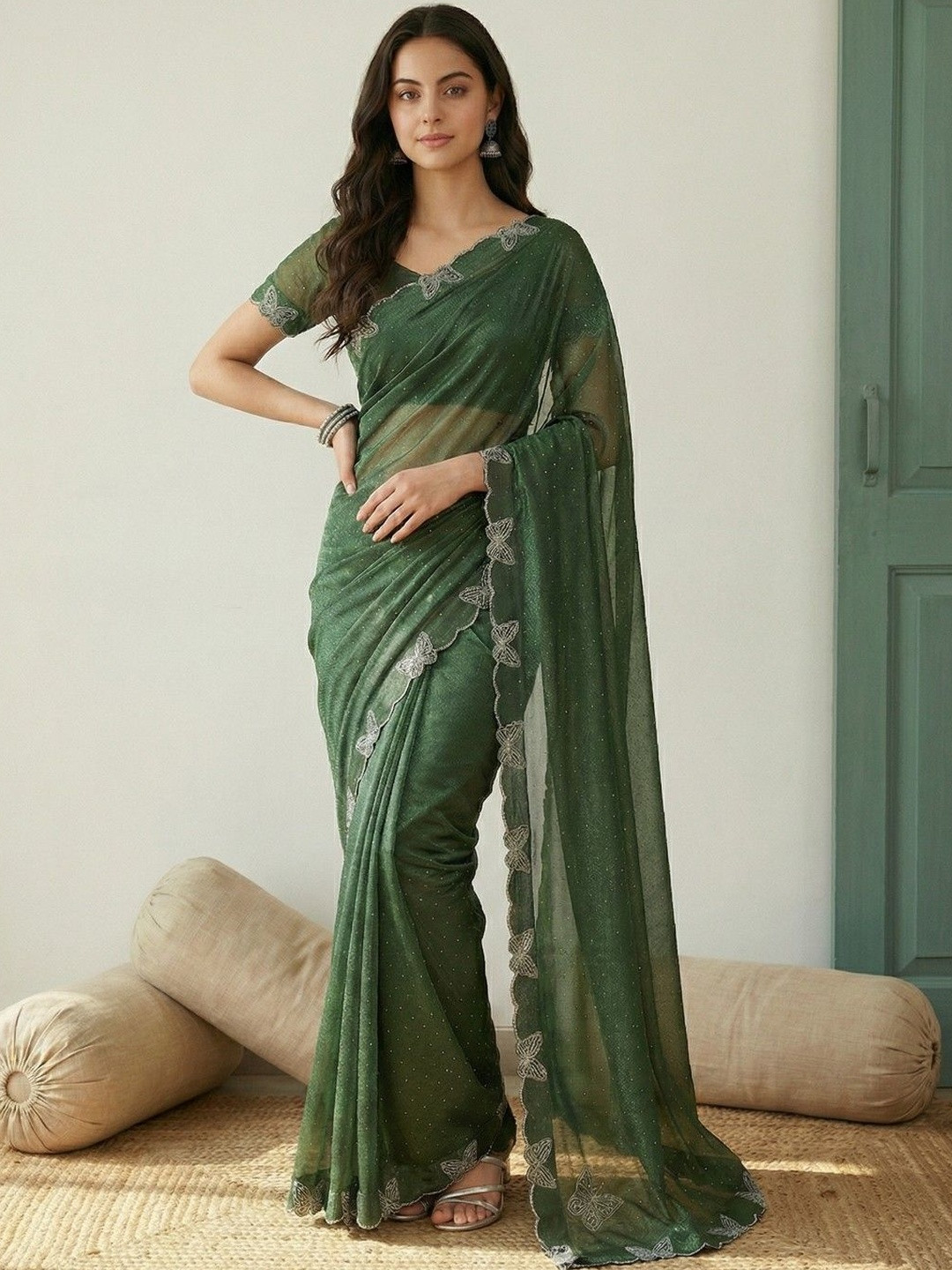 KINDA DESI Embellished Beads and Stones Net Heavy Work Saree