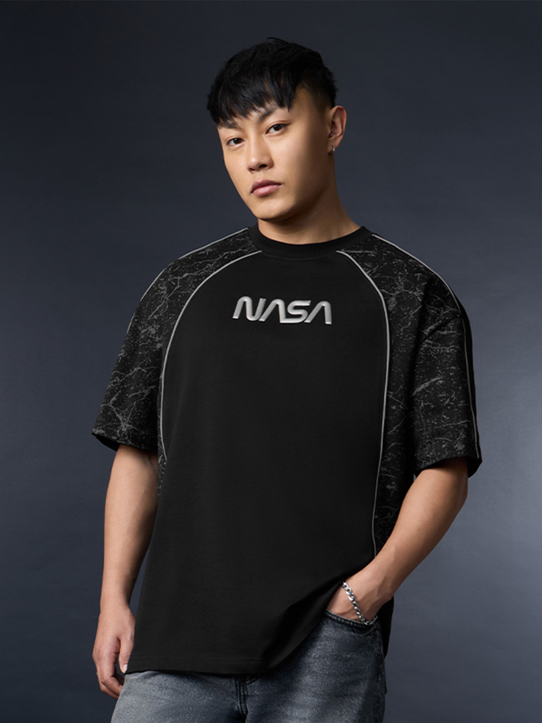 The Souled Store Men Oversized Fit NASA Printed Black T-Shirts