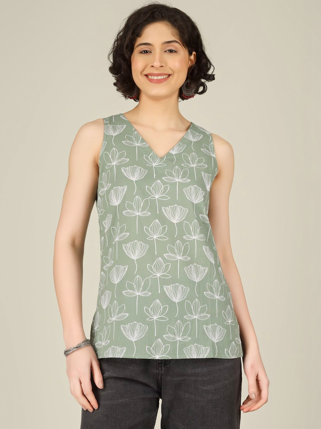 SPARSA Floral Print Cotton Top