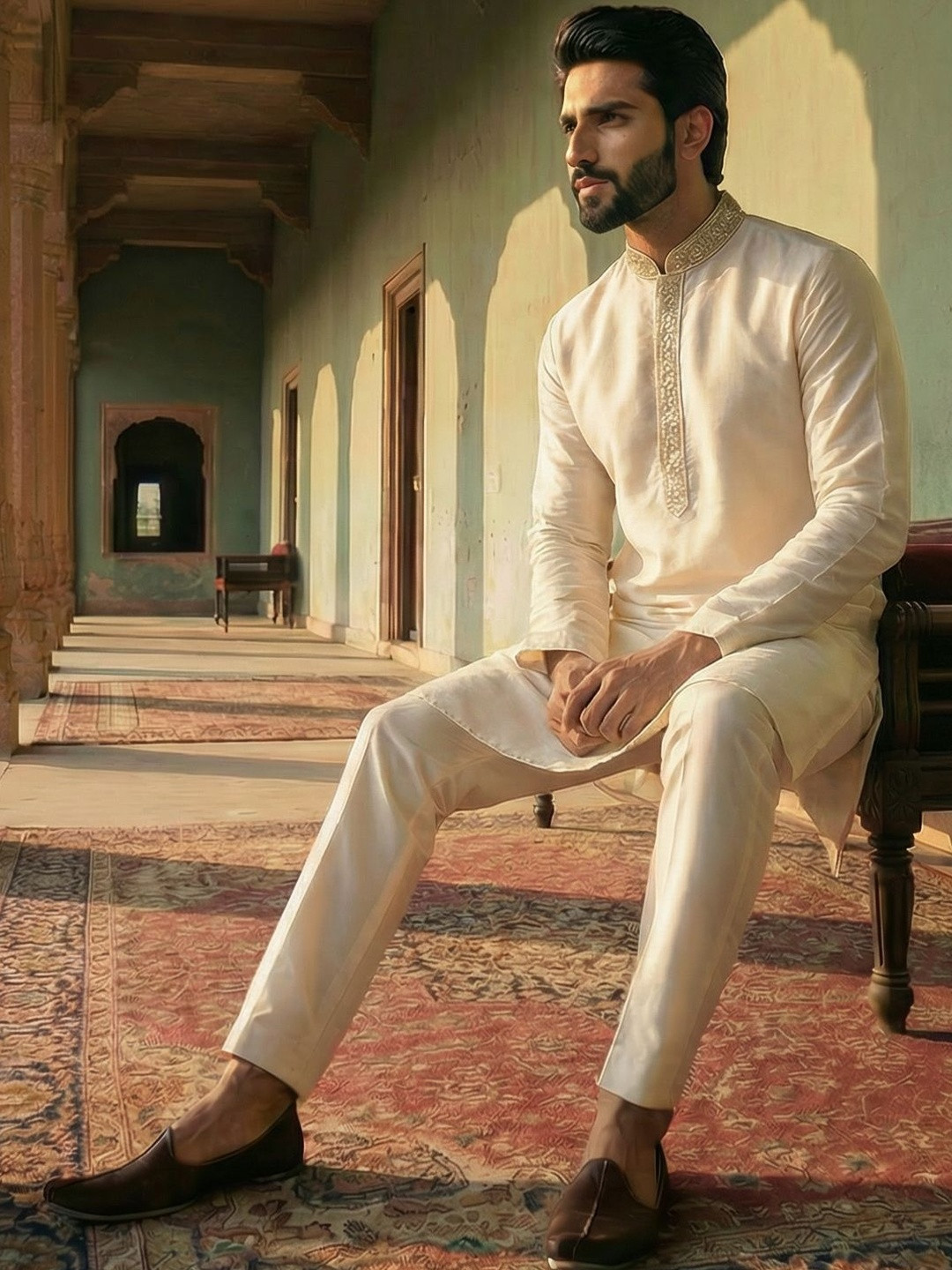KISAH Men Cream Mandarin Collar Embroidered Kurta
