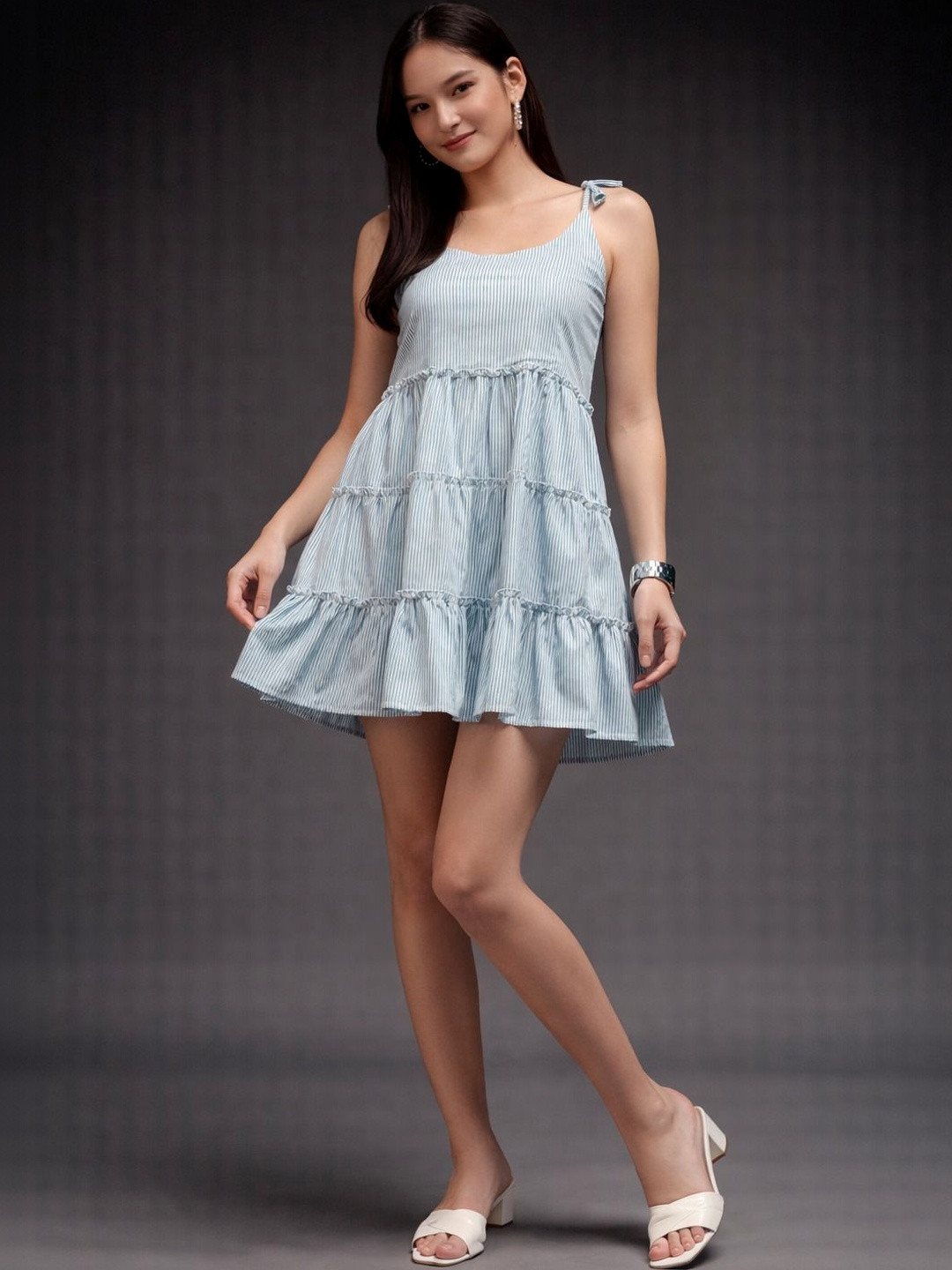 Swaggish Striped Ruffled A-Line Mini Dress