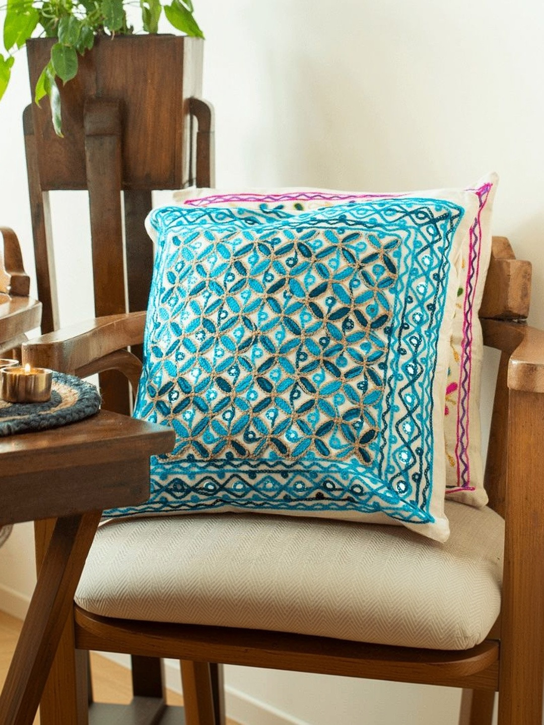 Atrangi Studio Blue & White 2 Pieces Aari Embroidery Cushion Cover 16x16 Inch Cotton Blend