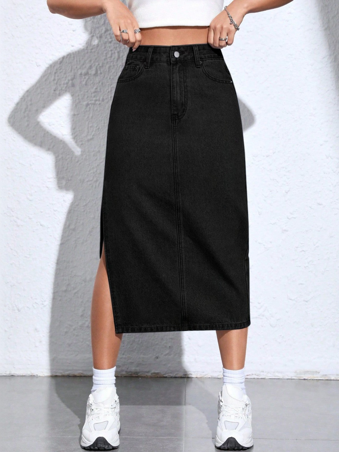 MULVARI Women Denim Side Slit Midi Straight Skirt